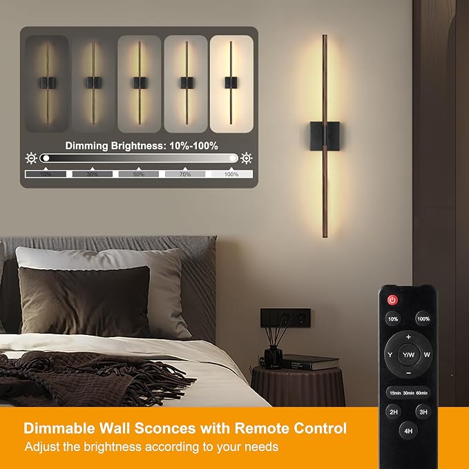 Morauroral 24″ Walnut Black Battery Operated Wall Sconces, Dimmable Wall Sconces with Remote Control, Rechargeable Sconces Wall Lighting, LED Wireless Wall Lights for Bedroom, Living Room, Bathroom