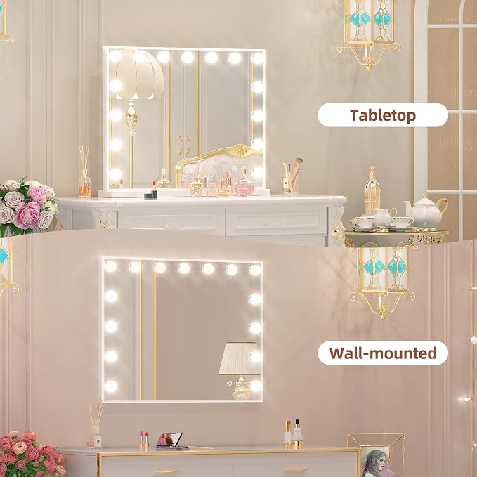 FENCHILIN Vanity Mirror with Lights and Bluetooth Speaker 22.8"x 18.1" Makeup Mirror Lighted Hollywood Mirror with 15 Dimmable LED Bulbs USB Charge Port, 3 Color Lighting Modes Tabletop