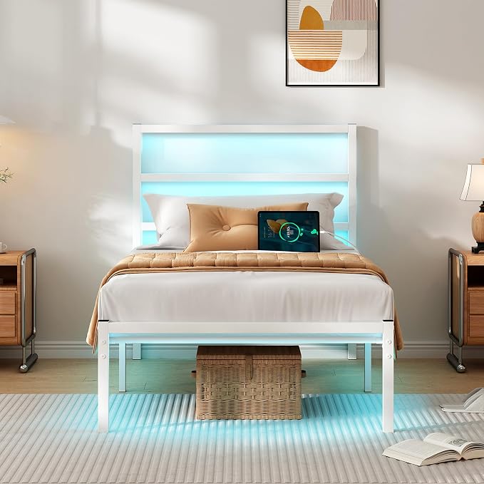 CLIBFENG Twin Bed Frame with Headboard,Heavy Duty Steel Slats Support-LED Bed Frame with USB Charging Station,Mattress Foundation-Under Bed Storage,No Box Spring Needed,Noise Free,White