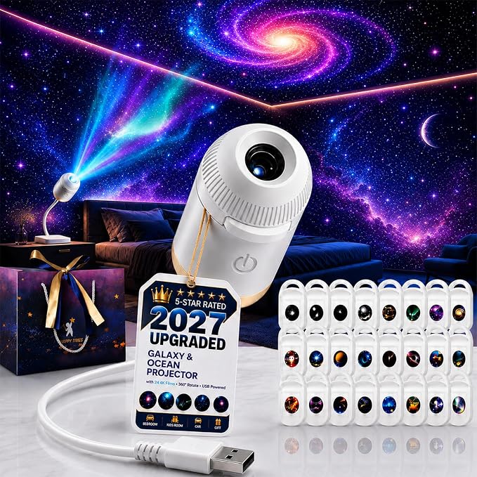 2027 Upgraded Hd Smart Dynamic 5d Holographic Night Light Projector, Plug and Play Hd Star Projector, 360° Adjustable Hd Galaxy and Ocean Projector for Bedroom Ceiling (24 Projection Films)