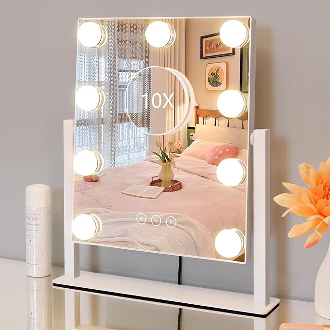 Vanity Mirror with Lights,Lighted Vanity Mirror with 9 Dimmable Bulbs for Dressing Room & Bedroom,3 Color Lighting,Modes Detachable 10x Magnification 360°Ratation(White) 12" L x 14.4" W