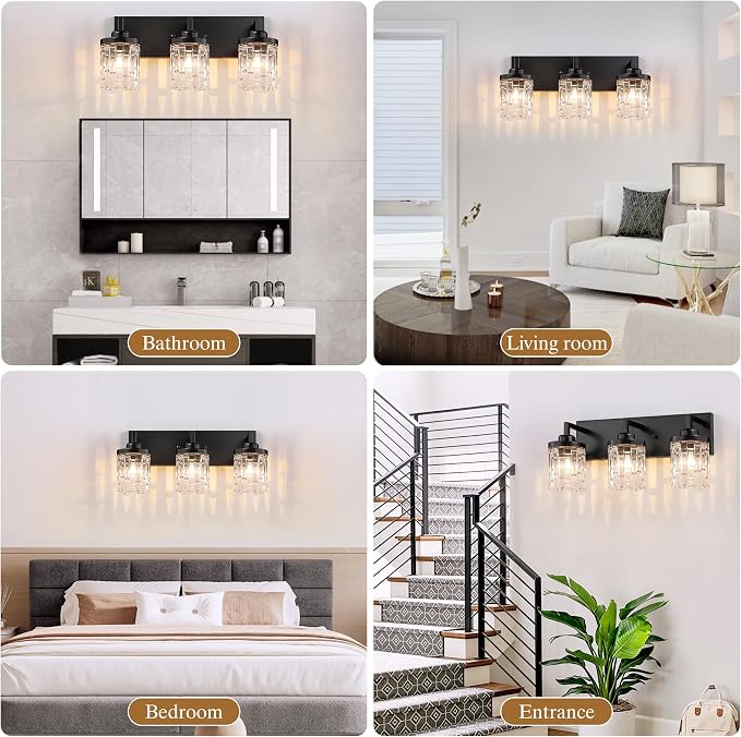 maesta Black Bathroom Light Fixture,3 Light Modern Vanity Light Over Mirror | Modern Vanity Light, Black Metal & Crystal Glass Fixture, Anti-Rust, Easy to Install for Bathroom Hallway Bedroom Entryway