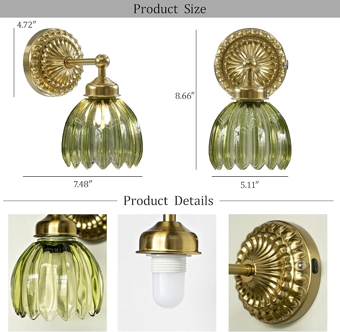 Battery Operated Wall Sconce, Vintage Wall Light, 2 Pack, Green Tulip Glass | Gold Metal Base, 5200mAh Rechargeable, Dimmable LED, Remote Control, Cordless, Bedside, Bedroom, Doorway, Living Room