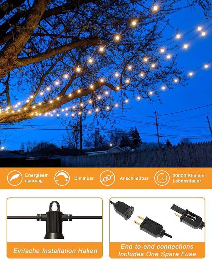 Zuske Outdoor String Lights, 200FT Patio Lights with 100 Shatterproof G40 Globe Bulbs(4 Spare), Waterproof Connectable Dimmable LED Hanging Lights for Outside Backyard Porch Balcony Gazebo (100FT x 2)