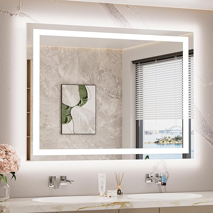 LED Lighted Bathroom Mirror with Lights 40 x 30 Brighter Front and Backlit Light up Mirror for Bathroom Wall, Illuminated Vanity Anti Fog Mirror, 3-Color Stepless Dimmable, Tempered Glass