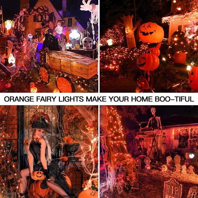 Orange Halloween Fairy Lights Battery Operated, 66ft 200 LED Copper Wire Twinkle Lights Waterproof, String Lights with Remote for Bedroom, Party, Yard, Door, Garland, Tree Decorations