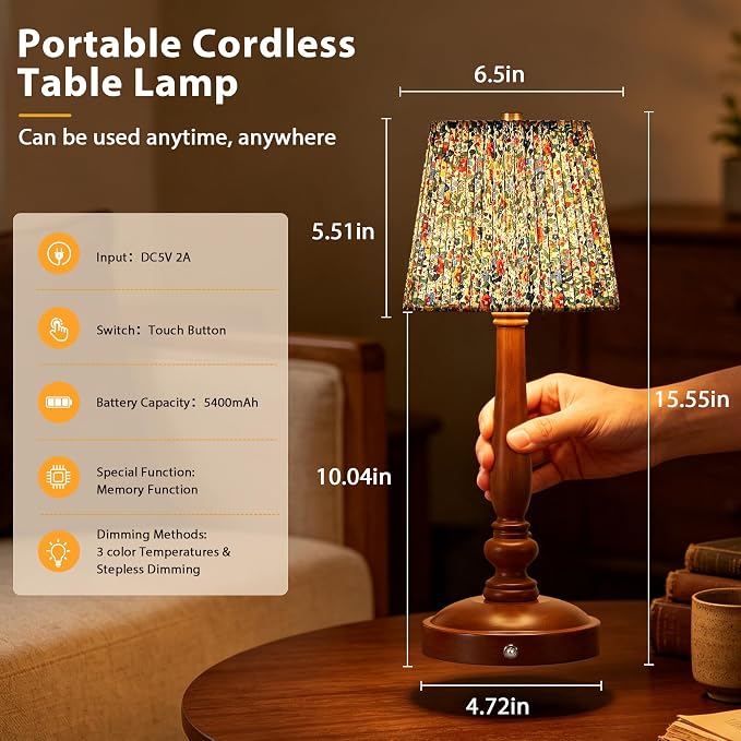 15.5'' Wireless Table Lamp, 5400mAh Rechargeable Small Bedside Touch Lamp | Wood Base, Fabric Lampshade, Built-in LED, 3 CCT, Stepless Dimming, Memory Function, Nightstand Lamp for Bedroom, Living Room
