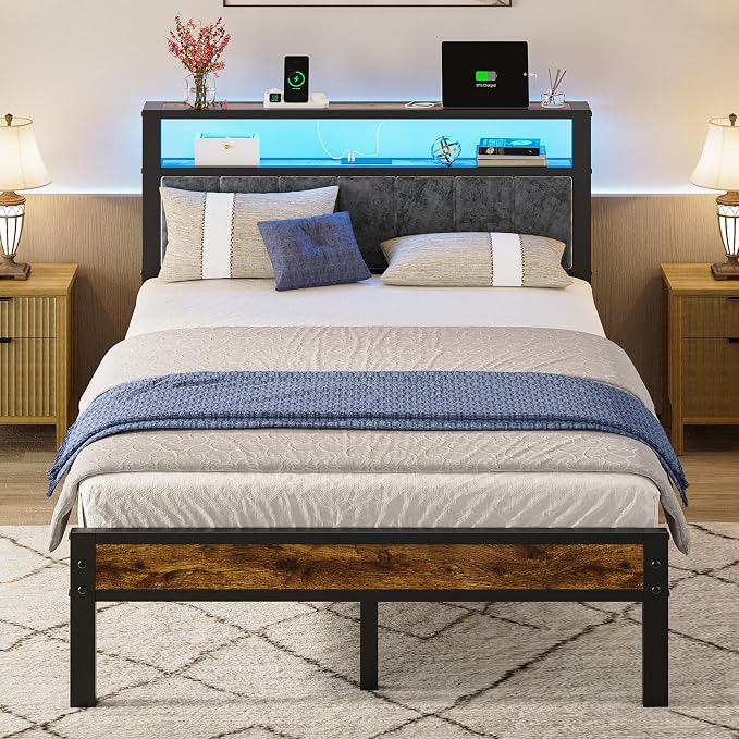 Liians Full Size Bed Frame with LED Lights, Charging Station | Platform Bed with Grey Upholstered Headboard, 2-Tier Storage Shelf, Noise Free, No Box Spring Needed