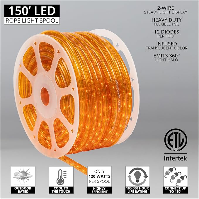 Wintergreen Lighting 150' Orange LED Rope Light, LED Flexible Light Rope String Light Outdoor – Halloween Rope Light, 120V, ½ Inch, 2-Wire - Rope Light Clips and Power Cord Included