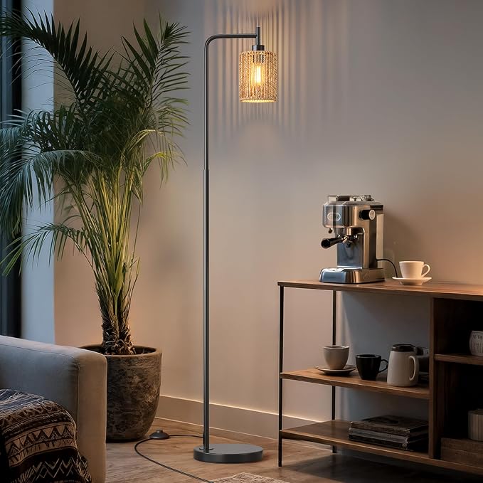 66" Black Floor Lamp for Living Room, Boho Floor Lamp with Remote Control and LED Bulb, Rattan Shade, Industrial Tall Farmhouse Standing Lamp for Bedroom, Dining Room, Study Room, Office