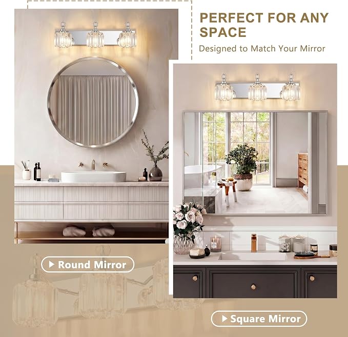 Chrome Light Fixtures, 3 Light Bathroom Vanity Light with 42pcs Crystal Sheet, 22in Modern Vanity Light, Bathroom Lighting Fixtures Over Mirror