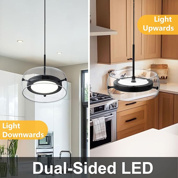 3-Pack Modern Pendant Lights Kitchen Island, Dual-Sided LED 3-CCT Dimmable Glass Hanging Lighting Fixture, Adjustable Cable for Dining Room, Bar, Over Table, Sloped Ceiling Matte Black