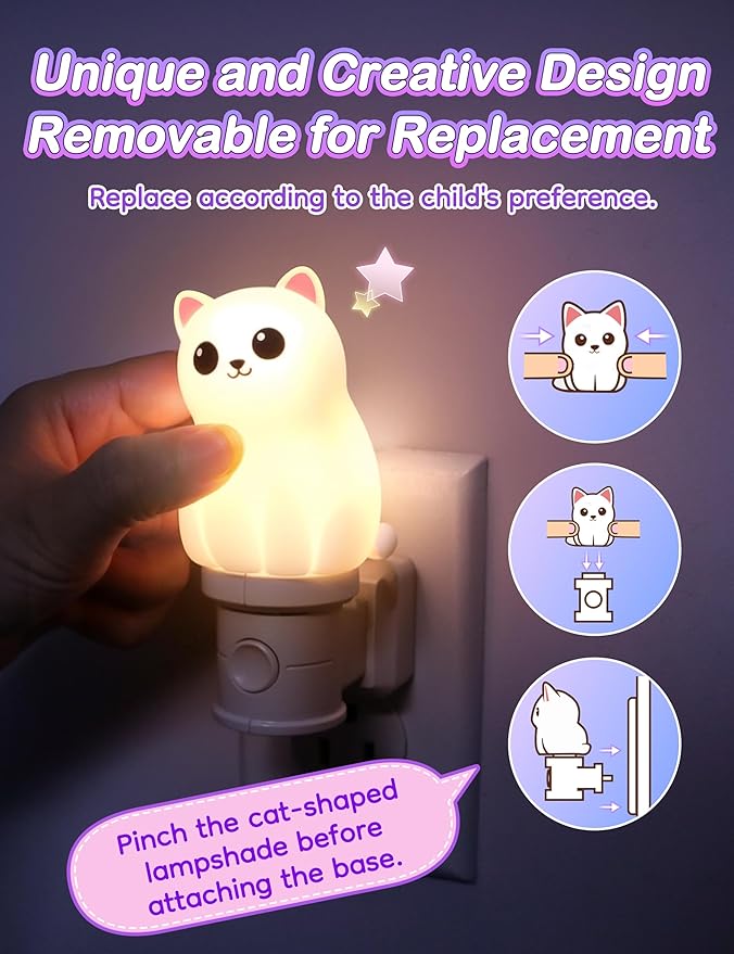 KINDEEP Kids Night Lights for Bedroom: RGB & Soft White with Dusk to Dawn Sensor, Detachable Cute Animal Night Light for Baby Nursery, Kids Room Decor 2 Pack (Two White Persian Cats)