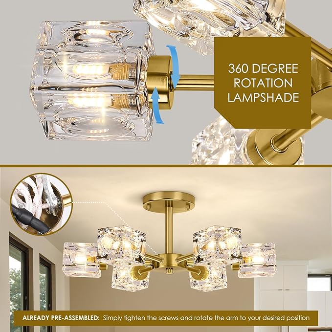 Modern Crystal Chandelier, 6-Light Gold Flush Mount Ceiling Light, 17.3" Sputnik Chandelier Light Fixture with K9 Crystal Shade, Industrial Pendant Light for Dining Room, Kitchen, Bedroom, Living Room
