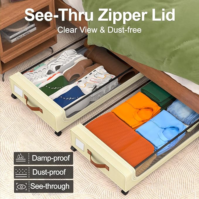 GoMaihe Under Bed Storage with Wheels 48L Beige 4-Pack | Underbed Storage Containers with Lids Rolling Bins for Shoes Clothes in Dorm Bedroom - Metal Drawers Easy Pull-out