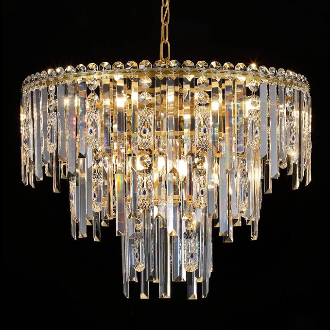 Gold Crystal Chandeliers, 24” Modern Round Chandelier for Dining Room 3 Tiers 12 Lights Ceiling Pendant Light Fixtures Large Ceiling Chandeliers for Foyer Living Room Bedroom