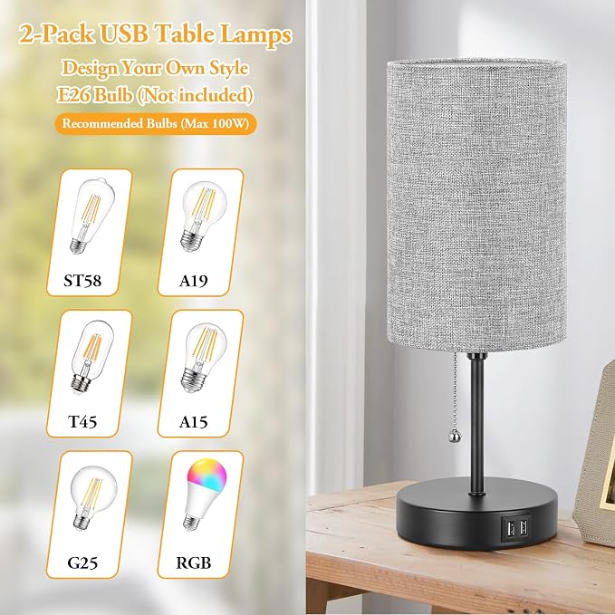 Modern Table Lamps Set of 2, Grey Fabric Shade and Black Metal Base for Living Room Bedroom Office Reading Dorm Hotel