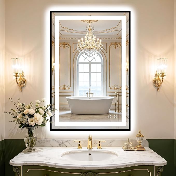 LED Bathroom Mirror with Light, 24x36 Vanity Mirror for Wall with Frame | Anti-Fog, Dimmable 3 Colors, Memory Function, Backlit and Front Lit, Shatter-Proof Glass, Plug-in/Hardwired