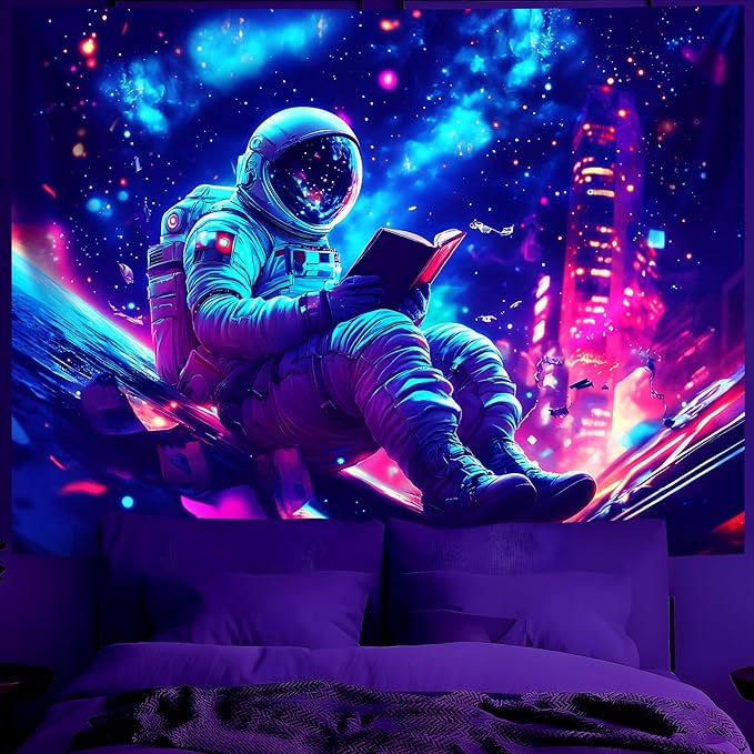 BVBOX Blacklight Space Astronaut Tapestry UV Reactive Galaxy Planet Glow in Dark Tapestries Black Light Poster Neon Wall Hanging Art for bedroom Living Room (Astronaut-UV-3M)