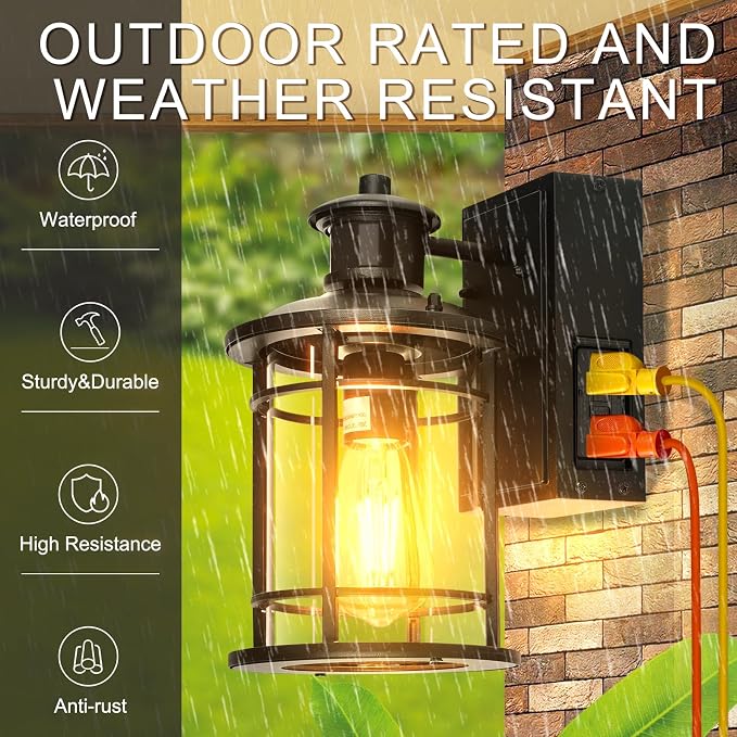 Retro Industrial Black Outdoor Wall Lights with GFCI Outlet - Dusk to Dawn & Motion Sensor Porch Light, 3 Modes, Waterproof Anti-Rust Exterior Sconce for Porch,Garage, Patio, House