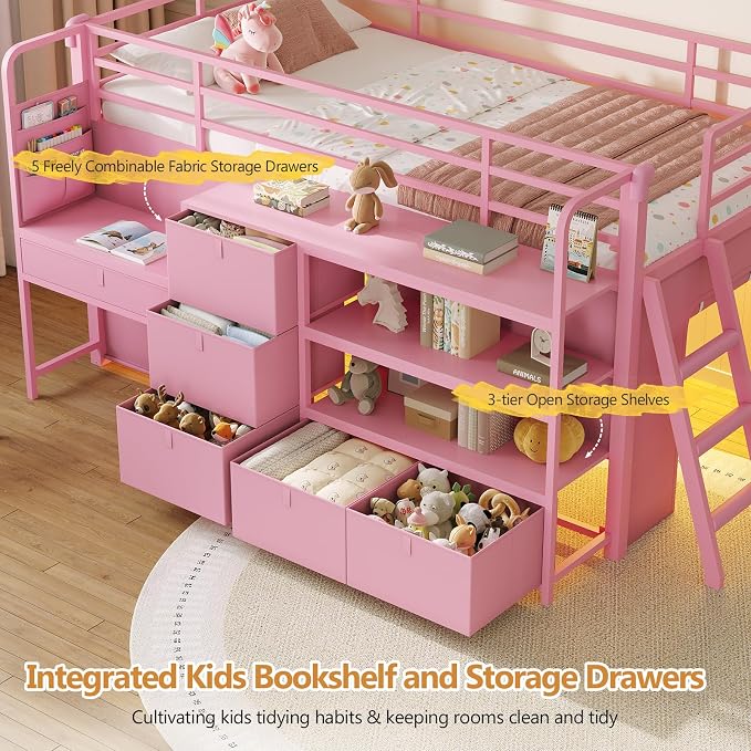 DICTAC Low Loft Bed with Desk and 6 Storage Drawers Twin Loft Bed with Bookshelf,LED Lights & Under-Bed Play Space,Twin Beds for Girls with 13.8''H Safety Guardrail,Inclined Ladder & Play Curtain,Pink