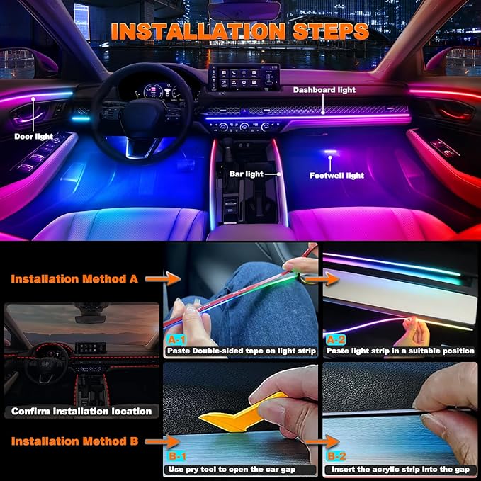 Interior Car LED Strip Lights, Acrylic LED Lights for Car with Dynamic Dreamcolor Chasing, Ambient Lighting Kits Music Sync Wireless APP and RF Remote Control (8 in 1)