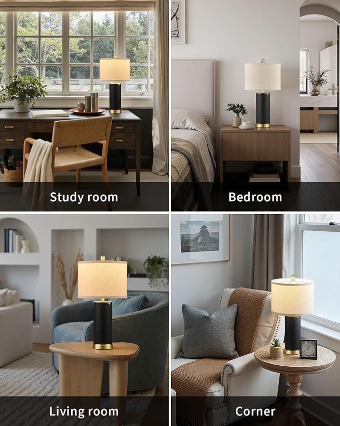 KDG 23.4" Black PU Leather Table Lamps for Living Room Set of 2, 3 Level Brightness LED Modern Home Decor Fabric Lampshade Desk Lamp Lighitng for Bedroom, Bedside, Farmhouse, Nightstand, Night Light