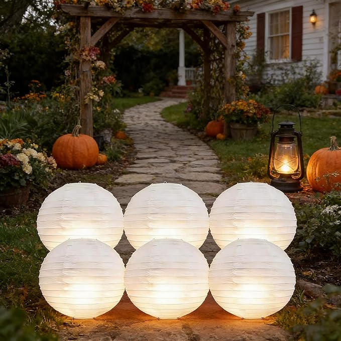 6PCS White Paper Lanterns 12Inch Round with Led Light New Year's Eve Wedding Anniversary Valentines Lantern Decorative Hanging Lanterns Lamp for Birthday,Christmas Graduation Party Indoor and Outdoor
