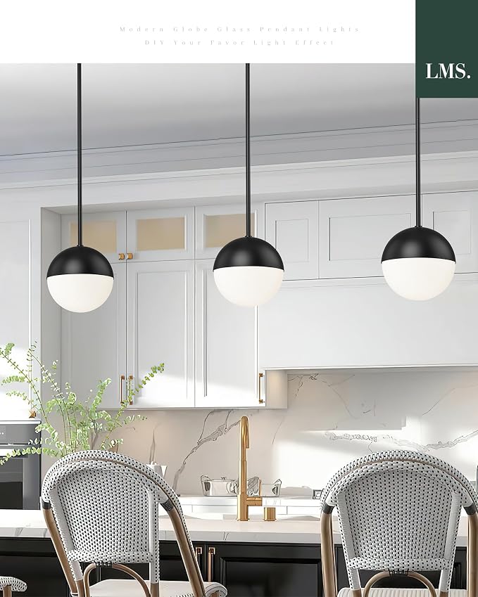 2 Pack Mid Century Pendant Lights, Matte Black Kitchen Island Light Fixtures with White Globe Glass Shade, Adjustable Hanging Rod Ceiling Light for Home Office Dining Room Bathroom, LMS-186BK2PK