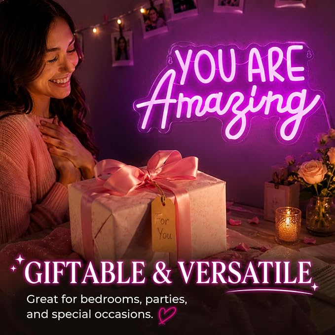 You Are Amazing Neon Sign Wall Decor | Neon Light Classroom Bedroom Decor, 15.8'' x 8.3'' LED Pink Light up USB Signs, Christmas Birthday Party Gifts