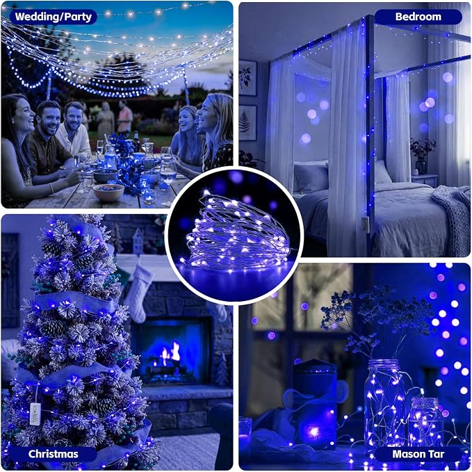 6 Pack Rechargeable Fairy Lights,7ft 20LEDs, Remote & DIY Timer | Dimmable Silver Wire, Mini Twinkle Lights, For Mason Jar, Indoor Christmas Bedroom Wedding Decor, Blue
