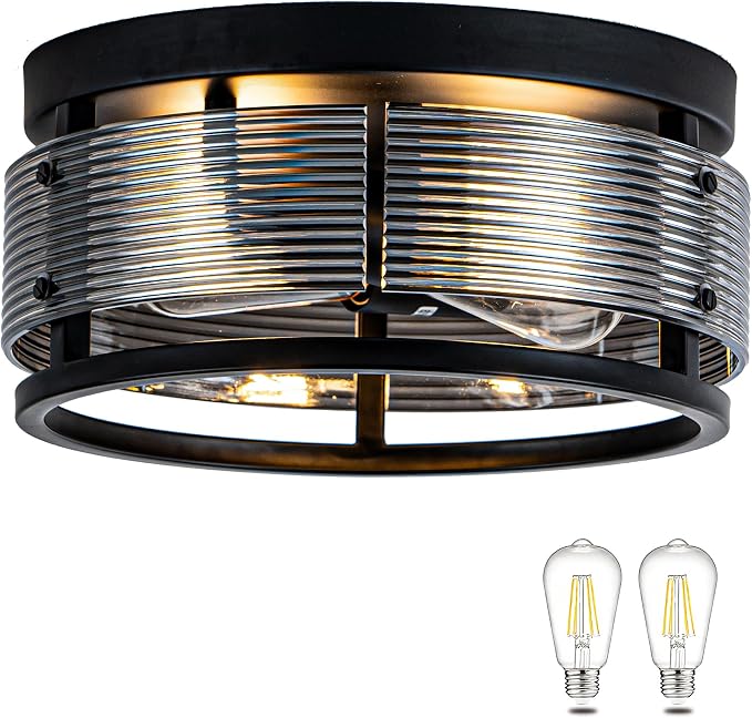 MAYNA 2-Light Round Flush Mount Ceiling Light Fixture,Black Metal Glass Farmhouse Ceiling Light with LED Bulb, Vintage Industrial Ceiling Lamp for Bedroom Kitchen Hallway Entryway