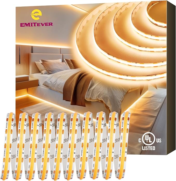 EMITEVER COB LED Strip Lights Warm White 2700K,UL 24V,16.4ft 2400LEDs | Ra 90+,IP30,3W/ft,305+Lumens/ft,5 Year Warranty(Power Supply Sold Separately)for bedroom,living room,kitchen