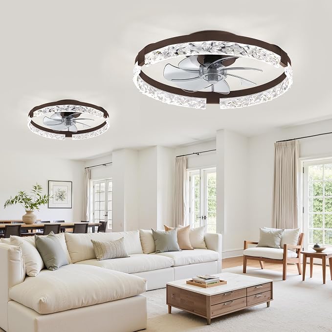 LEDIARY 2 Pack 20" Modern Ceiling Fans with Lights and Remote, Brown | Fandelier, Dimmable Low Profile, Flush Mount, Stepless Color Temperature Change, 6 Speeds, Bedroom, Living Room, Kitchen
