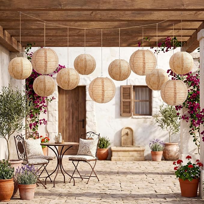 12 Pcs Print Burlap Paper Lanterns Round Chinese Paper Lanterns Farmhouse Boho Classroom Home Decor Classroom Sweet Birthday Party Ceremonial Event (10/12 Inch)