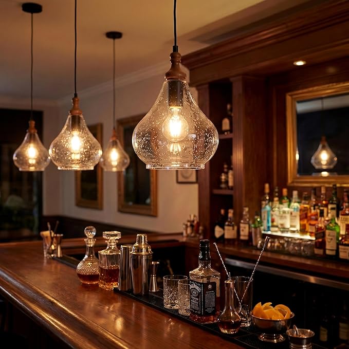 Farmhouse Teardrop Pendant Light for Kitchen Island, Brown Pine Wood and Seeded Glass Shade Hanging Light Fixture, Adjustable Cord, Rustic Dining Room, Coffee Shop and Bar Pendant Lighting (3 Packs)