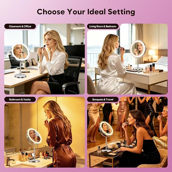 1X/30X Makeup Mirror with Lights, Brightness Adjustable with 3 Colors, Double Sided Magnifying Mirror with 360° Rotation, Lighted Makeup Mirror with Magnification, Ideal Gift for Women