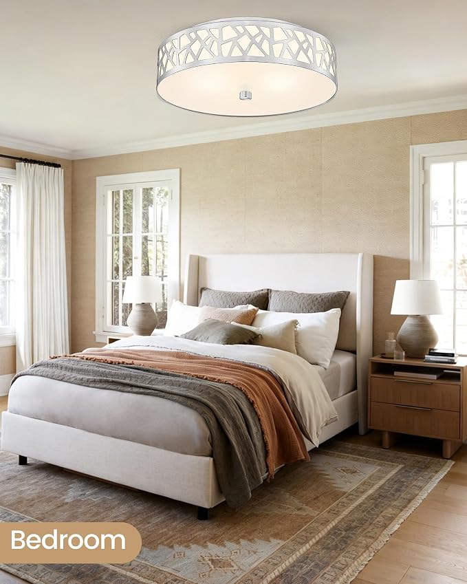 3-Light Flush Mount Ceiling Light, 16 Inch Modern Light Fixture with Brushed Nickel Metal and Frosted Glass Shade for Bedroom, Hallway, Kitchen