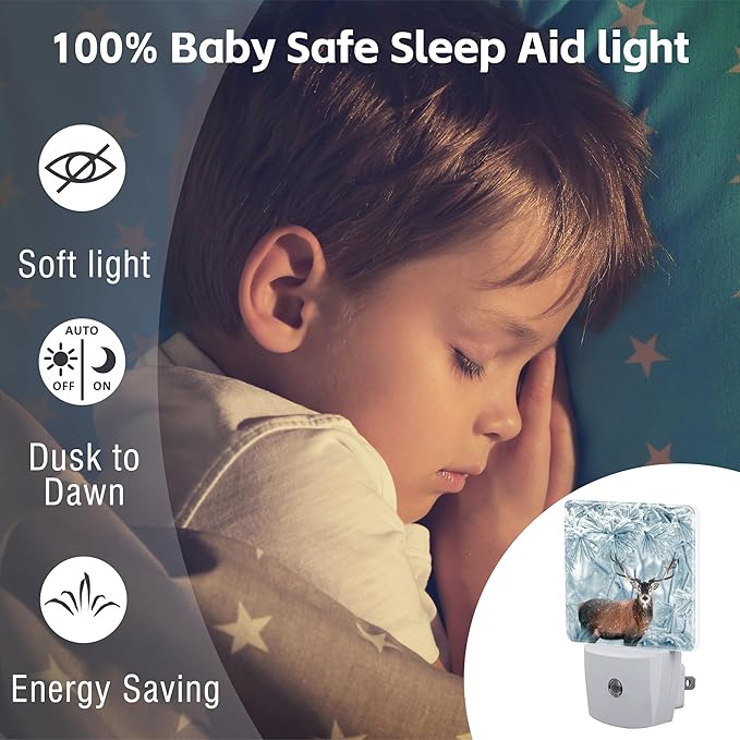 Red Deer in Winter Forest Night Light Plug into Wall, Beautiful Christmas Scenery Dusk to Dawn Night Light,0.5w Energy Saving Sleep Friendly Nightlights for Kids Boys Girls Home Decor