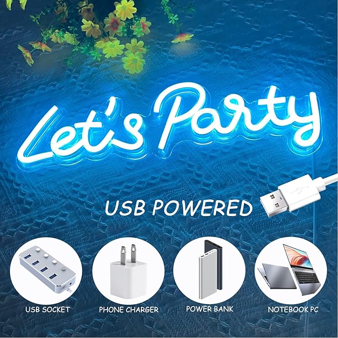 Let's Party Neon Sign, LED Neon Lights for Bedroom Wall Decor, Art Decorative Lights for Bachelorette Party, Engagement Party, Birthday Party,Wedding Party, Living Room, Gamer Room Decor Aesthetic (New Blue)