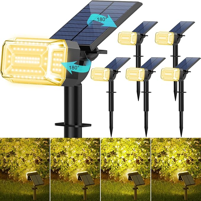 102 LEDs Solar Spot Lights Outdoor, 6 Pack Warm White Solar Spotlights | 4 Modes, Waterproof IP65, Adjustable Light & Panel Landscape Flood Powered Lights for Yard Garden Pathway Wall