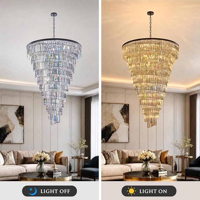 48 Lights Spiral Crystal Chandelier Black Modern Light Fixture Large Chandelier, 48'' W High Ceiling Foyer Ceiling Hanging Pendant, Entryway, Dining Room, E12 LED Bulbs, Black