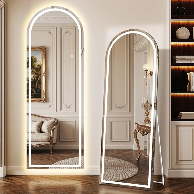 LED Arched Full Length Mirror, 60"x21" Full Body Mirror with Lights, Dimmable & 3 Color Lighting, Standing/Leaning/Wall Mounted Vanity Mirror for Bedroom, Dressing Room, Living Room