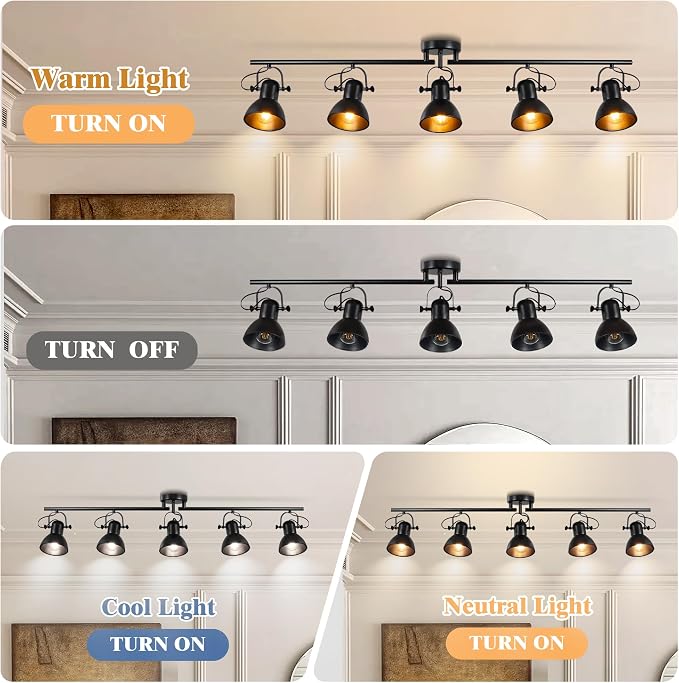 5-Light Kitchen Track Lighting Fixtures Ceiling, Black Semi Flush Mount Track Ceiling Light with 5 Flexibly Rotatable Lighting Heads Track Lighting Kit Ceiling Spot Lighting, Dia 47.24in