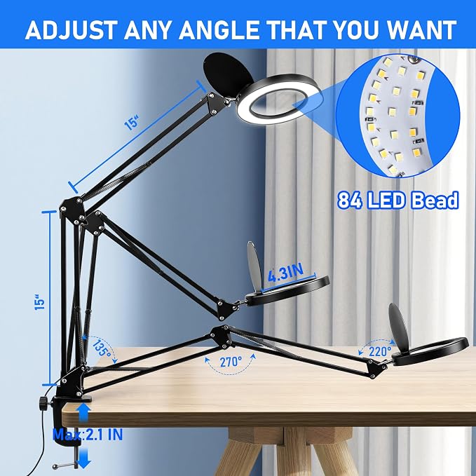 Large 10X Magnifying Glass with Light and Stand, LED Desk Lamp with Clamp, 5 Color Mode, 10 Dimmable Levels, Hands Free for Reading Crafts Jewelry Sewing Close Work