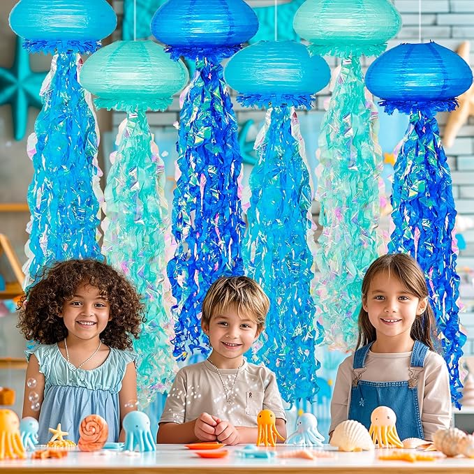 10" Blue Jellyfish Paper Lanterns - Under the Sea Birthday & Mermaid Party Decorations, Ocean and Beach Theme Indoor Outdoor Hanging Decor, Baby Shower, Nautical Events (Set of 6)
