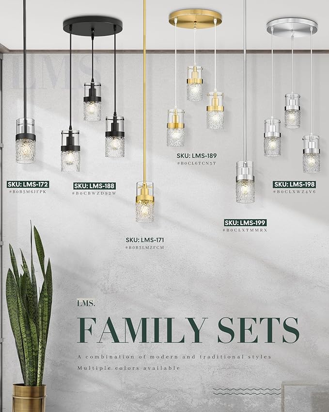 LMS 3-Light Pendant Light Fixtures, Brushed Gold Farmhouse Kitchen Island Light, Industrial Adjustable Hanging Pendant Lighting, Cluster Chandeliers, LMS-189