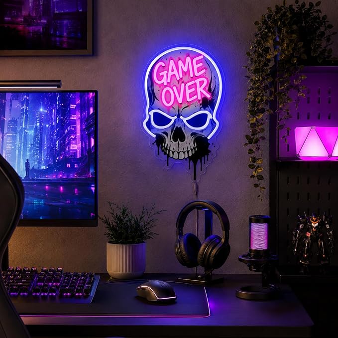 Game Over Skull Neon Sign LED Neon Light USB Dimmable Gaming Room Decor