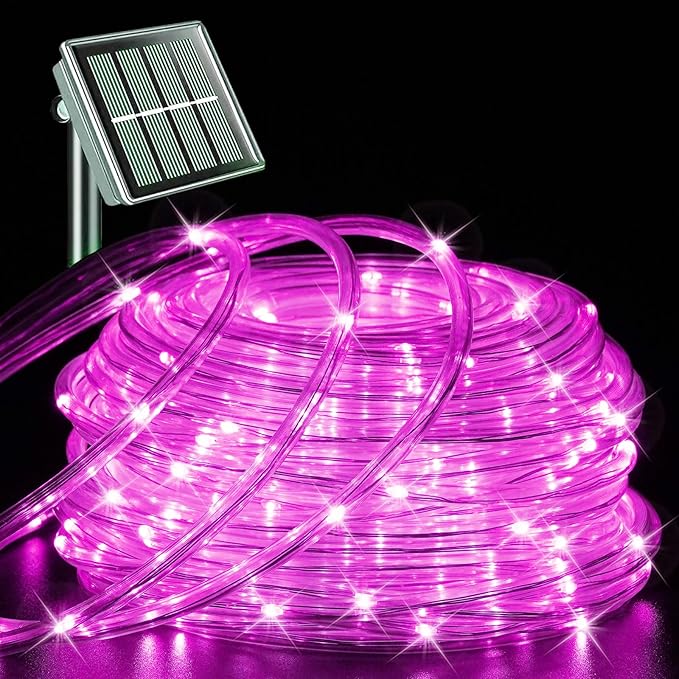 YEGUO Solar Rope Light Outdoor Waterproof, 66ft 200 LED Pink String Lights, 8 Modes Tube Christmas Lights in Clear Thin Tube