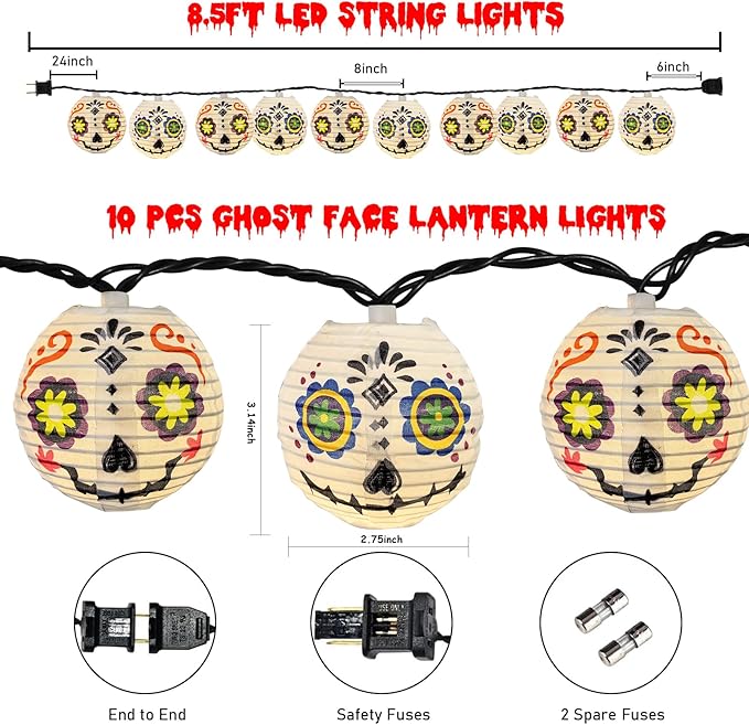 Abeja Halloween White Lantern String Lights, 8.5Ft Grimace White Nylon Lantern Lights with 10 Mini LED Bulbs, Halloween Outdoors String Light for Garden Home Party